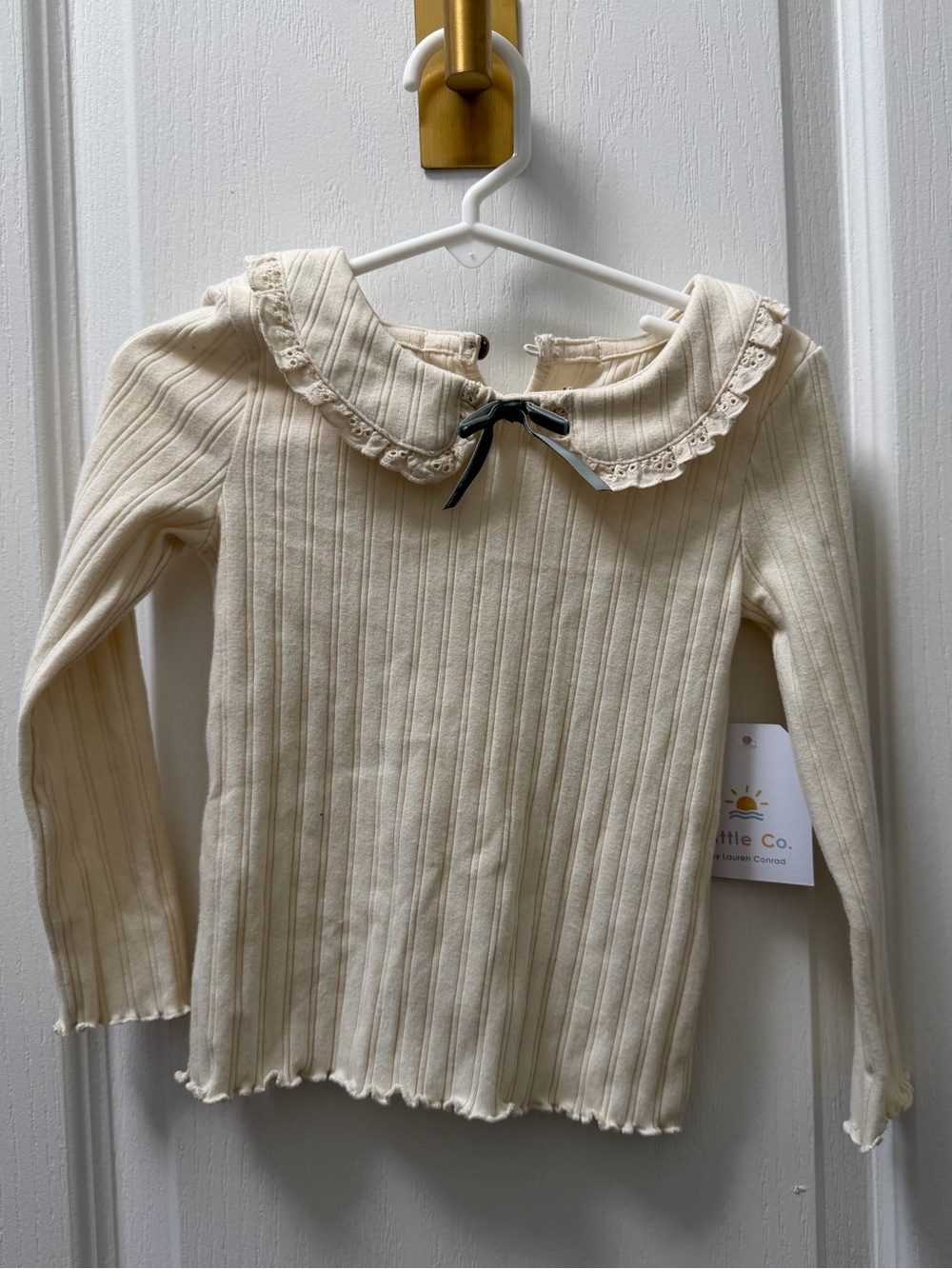Girls Cream Ribbed Long-Sleeve Top with Peter Pan Collar